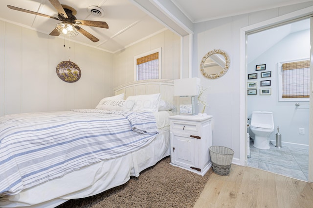127 Brads Way, Russells Point, OH 43348 - bedroom with a decorative wall, a ceiling fan, visible vents, light wood-style floors, and crown molding