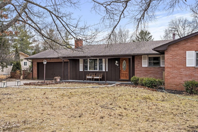 ranch-style home with brick siding, a chimney, a shingled roof, an attached garage, and board and batten siding