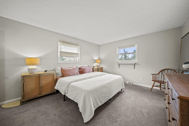 bedroom featuring visible vents, a textured ceiling, baseboards, and carpet flooring