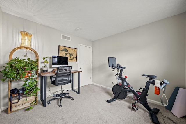 office with baseboards, visible vents, and carpet flooring