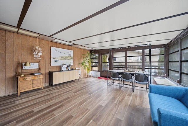 living area with wood walls and wood finished floors