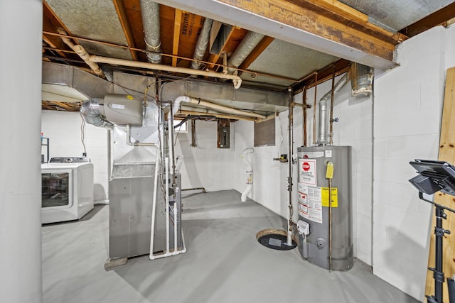 unfinished basement with electric panel, water heater, and washer / clothes dryer