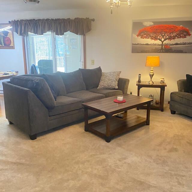 living room featuring light colored carpet