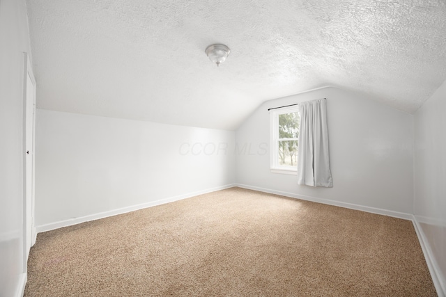 additional living space featuring a textured ceiling, carpet floors, vaulted ceiling, and baseboards