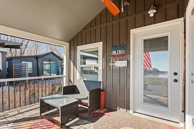 exterior space featuring lofted ceiling