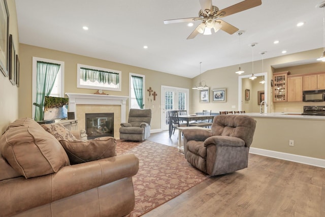 living area featuring lofted ceiling, a premium fireplace, wood finished floors, and baseboards