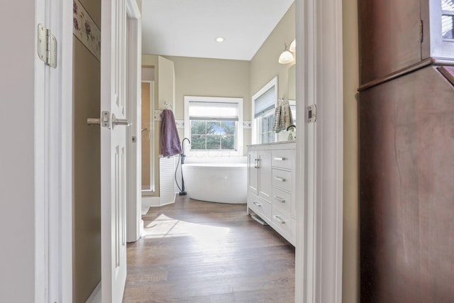 bathroom featuring a soaking tub, vanity, and wood finished floors