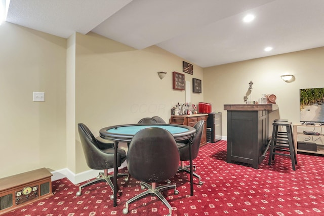 dining room with carpet floors, recessed lighting, baseboards, and a dry bar