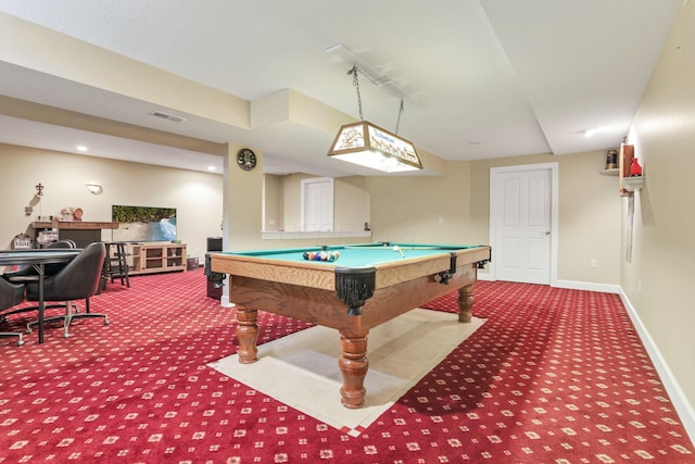 recreation room featuring carpet floors, baseboards, billiards, and visible vents