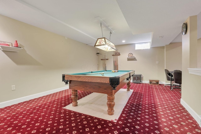 game room with pool table, carpet flooring, and baseboards