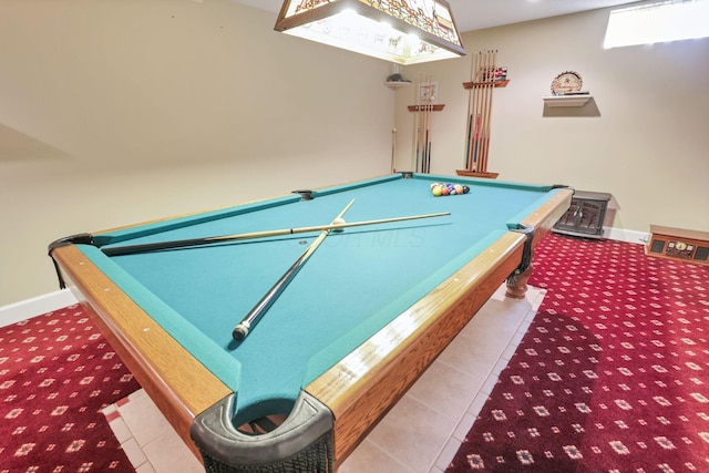 rec room featuring tile patterned flooring, baseboards, and pool table