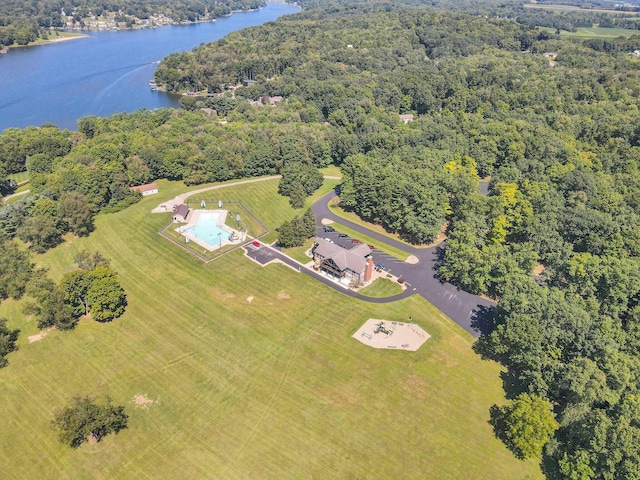 bird's eye view featuring a water view and a view of trees