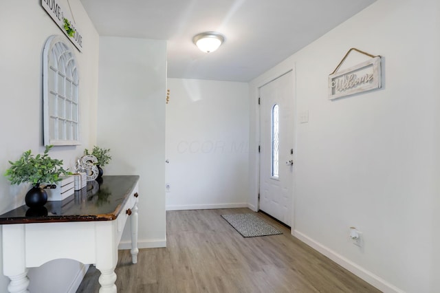 foyer entrance with baseboards and wood finished floors