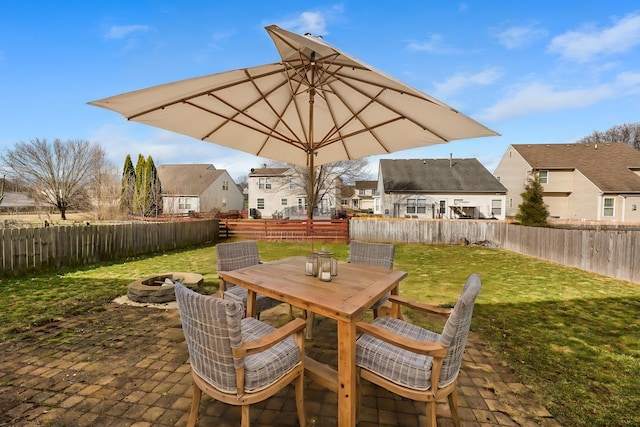 view of patio with an outdoor fire pit, a residential view, a fenced backyard, and outdoor dining space