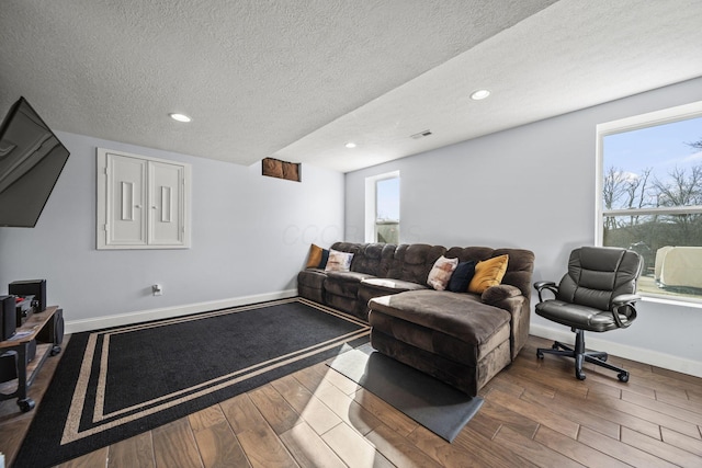 living area with a textured ceiling, plenty of natural light, wood finished floors, and baseboards