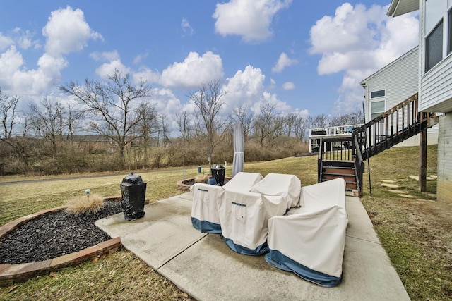 view of patio / terrace featuring stairway