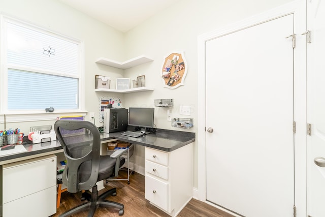 home office with dark wood-style flooring