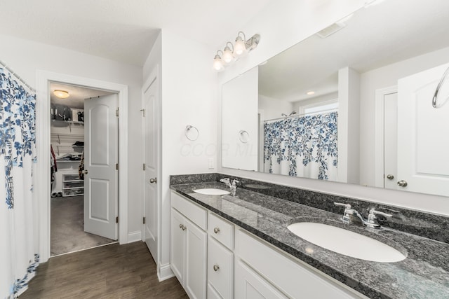 full bathroom featuring a walk in closet, wood finished floors, a sink, and double vanity