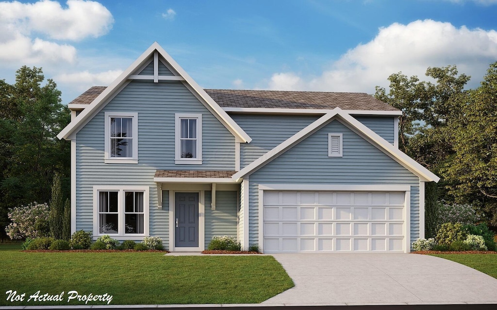 traditional-style home with driveway, a front lawn, an attached garage, and a shingled roof