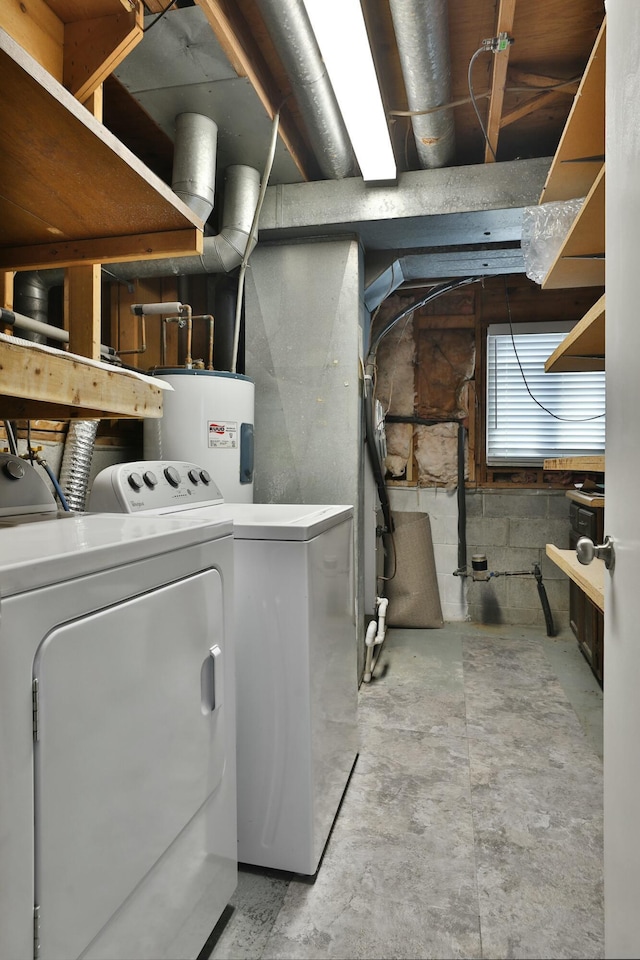 laundry room featuring washer and dryer, laundry area, electric water heater, and concrete block wall