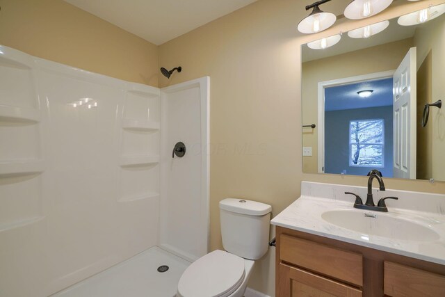 bathroom with vanity, walk in shower, and toilet