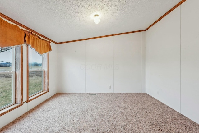 carpeted empty room with a textured ceiling and ornamental molding