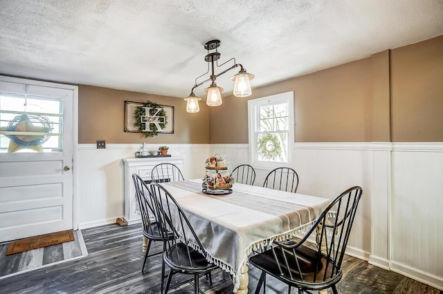 dining space with dark wood-style floors, a textured ceiling, and wainscoting