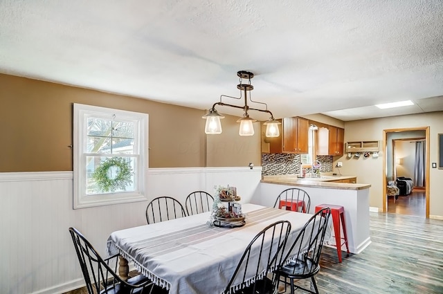 dining area with a textured ceiling, wood finished floors, and wainscoting