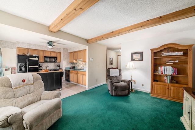 living area featuring a textured ceiling, ceiling fan, light carpet, baseboards, and beam ceiling