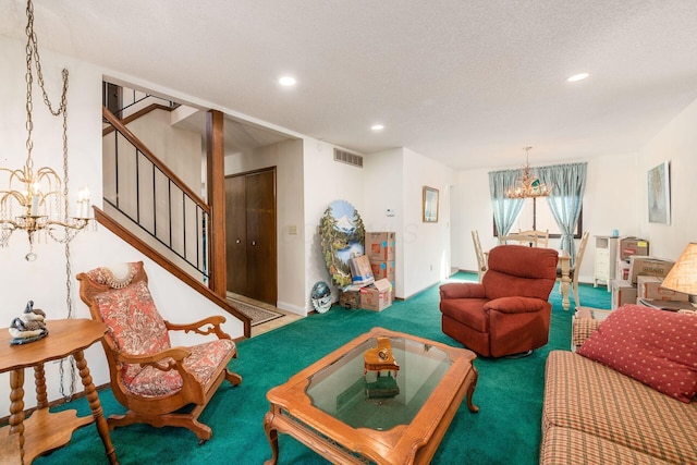 living room with recessed lighting, a notable chandelier, visible vents, stairs, and carpet