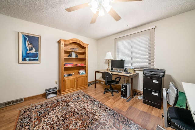 office area featuring visible vents, baseboards, ceiling fan, a textured ceiling, and light wood-style floors