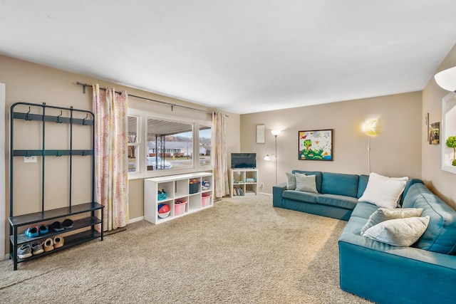 living area featuring baseboards and carpet floors