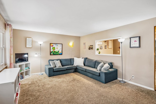 living room with baseboards and carpet flooring