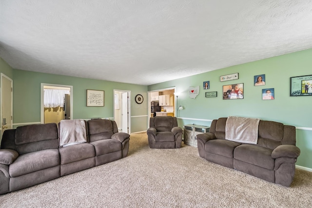 carpeted living area featuring baseboards and a textured ceiling