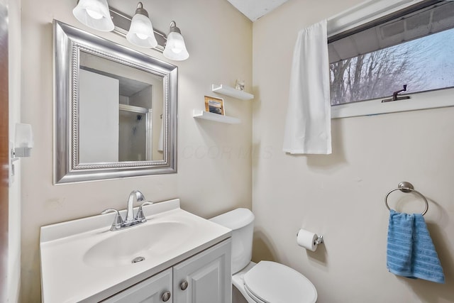 full bath featuring toilet, vanity, and a shower stall