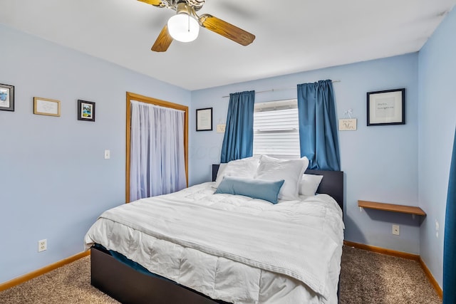 bedroom with baseboards, carpet flooring, ceiling fan, and a closet