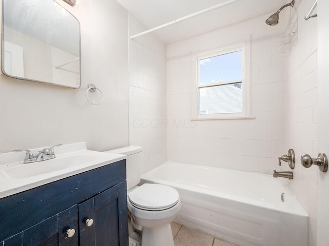 bathroom with  shower combination, tile patterned flooring, vanity, and toilet