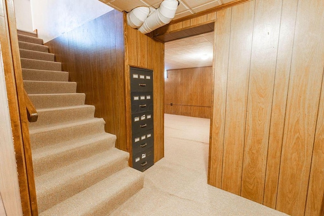 staircase featuring carpet flooring and wooden walls