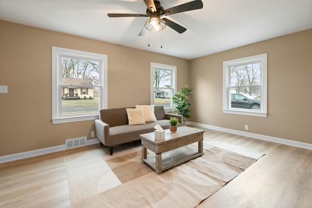 living room featuring a ceiling fan, light wood-type flooring, visible vents, and baseboards