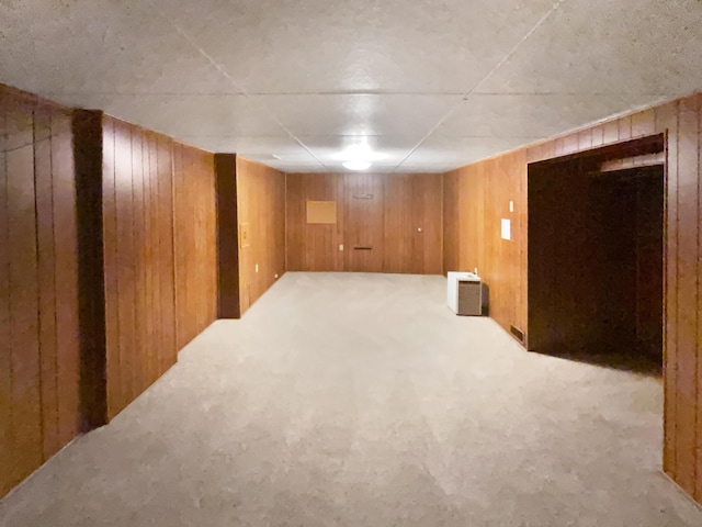 finished below grade area featuring wood walls and carpet