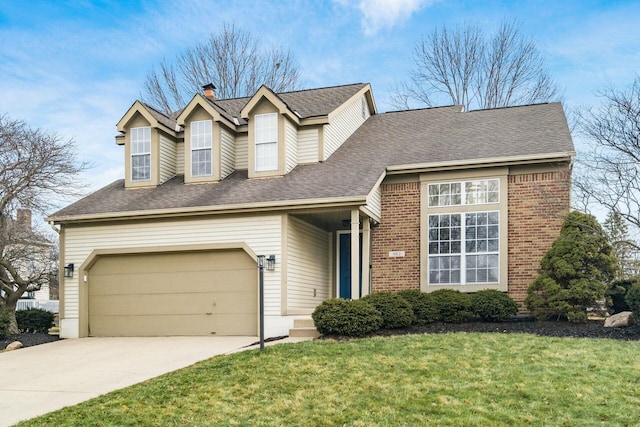 view of front of property featuring brick siding, roof with shingles, a garage, driveway, and a front lawn