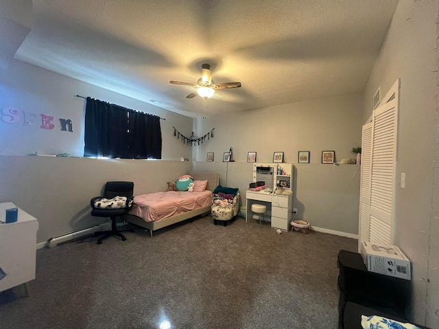 bedroom featuring carpet floors, ceiling fan, and baseboards