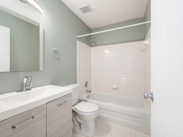 full bath featuring a textured ceiling, toilet, shower / bath combination, visible vents, and tile patterned floors