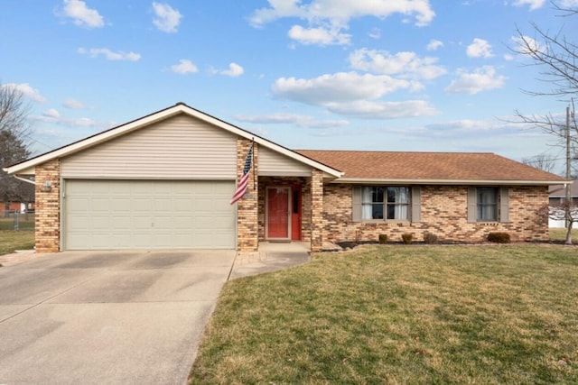 ranch-style home with a garage, a front yard, concrete driveway, and brick siding