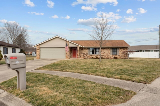 ranch-style home featuring a garage, brick siding, fence, driveway, and a front yard