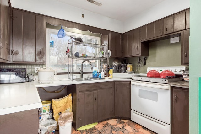 kitchen with white range with electric cooktop, tasteful backsplash, visible vents, a sink, and dark brown cabinetry