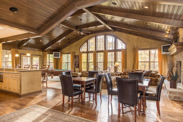 dining area with beam ceiling, high vaulted ceiling, dark wood finished floors, and wooden ceiling