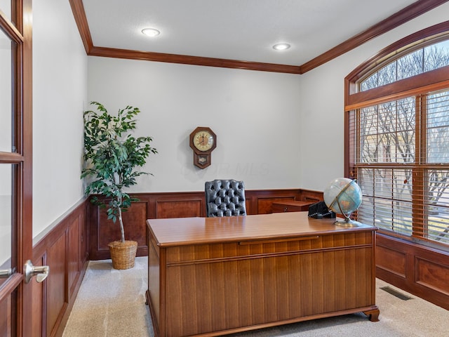 office area featuring visible vents, a wainscoted wall, light colored carpet, ornamental molding, and recessed lighting