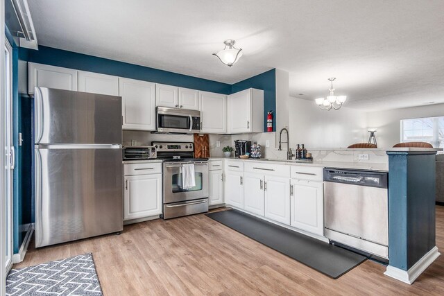 kitchen featuring stainless steel appliances, white cabinets, a sink, light wood-type flooring, and a peninsula