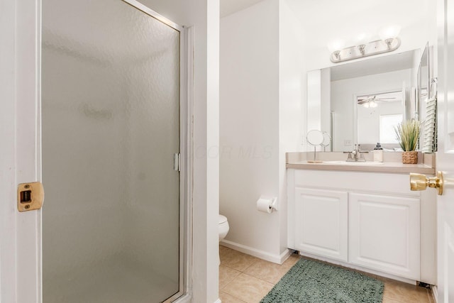 bathroom with toilet, a shower stall, vanity, and tile patterned floors